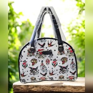 NEW Ed Hardy White Lunch Bag Satchel,Detachable Shoulder Strap,Thermal Linen NWT
